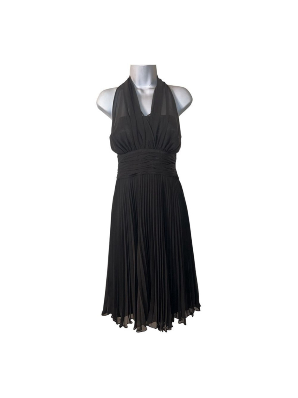 Evan-Picone Black Pleated Chiffon Halter Dress Size 8 Formal Cocktail Midi
